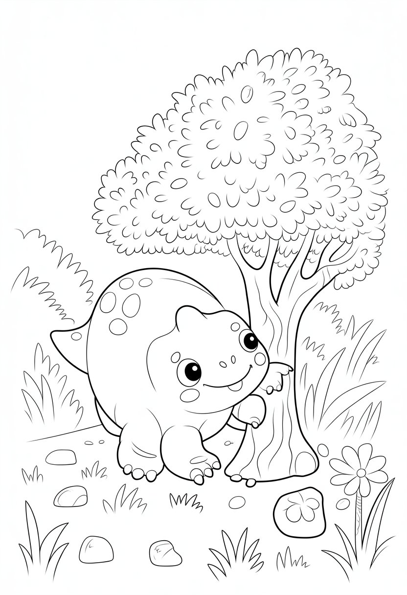 Cute Dinosaur Coloring Pages for Kids: 20 Fun and Easy Designs 40 A cute dinosaur playing hide and seek, partially hiding behind a bush in a natural outdoor setting.